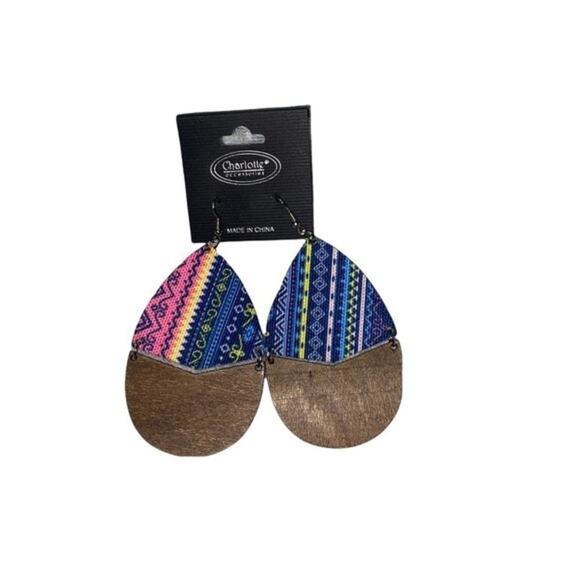NWT Wooden Fabric Covered Boho Aztec Dangle Earrings Blue Pink Yellow - Picture 1 of 5